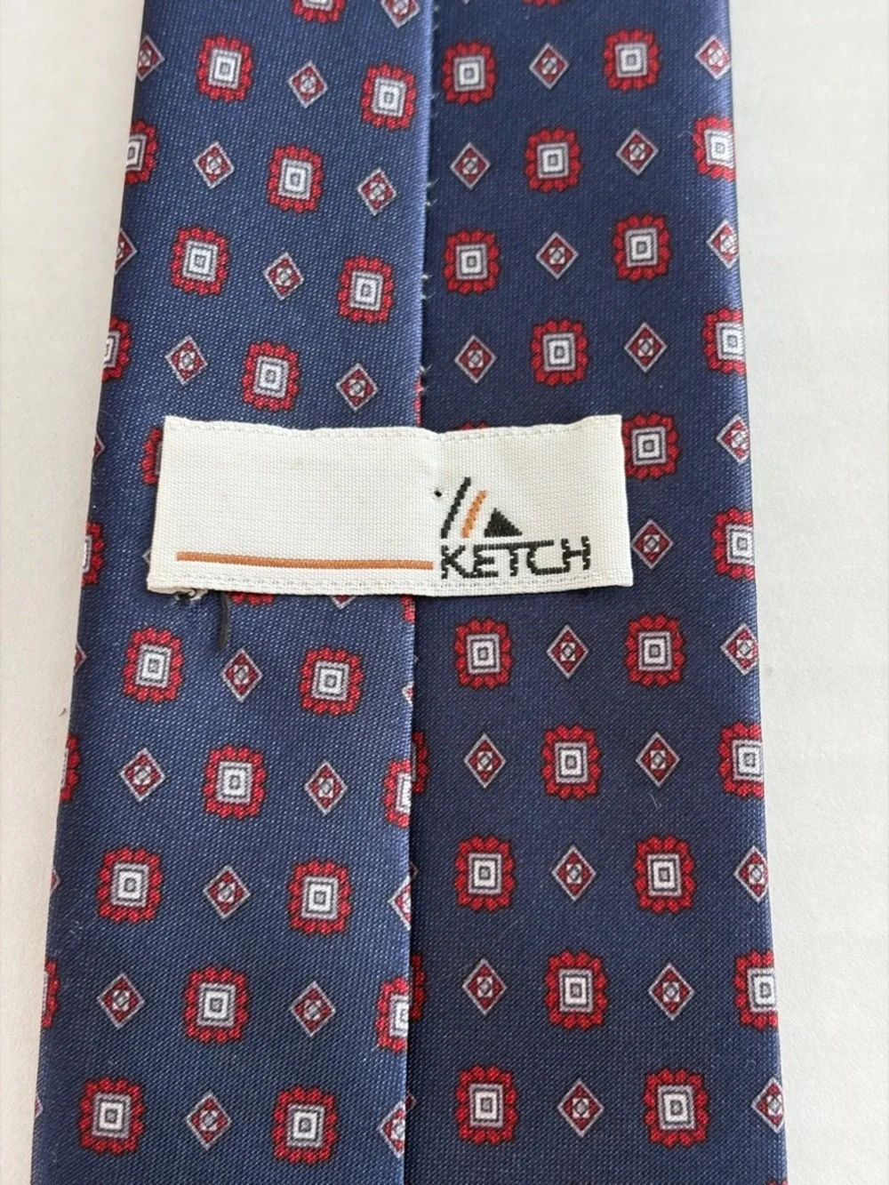 Vintage Ketch Silk Tie – Navy Blue Red Geometric Pattern